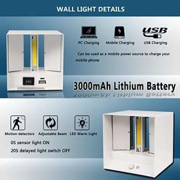 Battery Operated Wall Sconces Set of 2 with Motion Detector, 6W LED Battery Powered Wall Lights Without Wiring USB Rechargeable Wall Lamp with Switch, Magnetic Light 3000K Adjustable Beam Angle