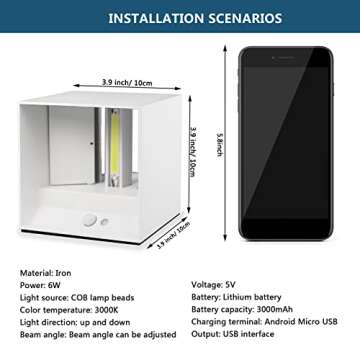 Battery Operated Wall Sconces Set of 2 with Motion Detector, 6W LED Battery Powered Wall Lights Without Wiring USB Rechargeable Wall Lamp with Switch, Magnetic Light 3000K Adjustable Beam Angle