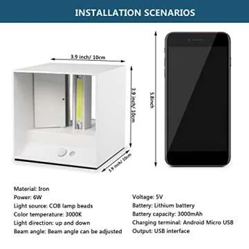 Battery Operated Wall Sconces Set of 2 with Motion Detector, 6W LED Battery Powered Wall Lights Without Wiring USB Rechargeable Wall Lamp with Switch, Magnetic Light 3000K Adjustable Beam Angle