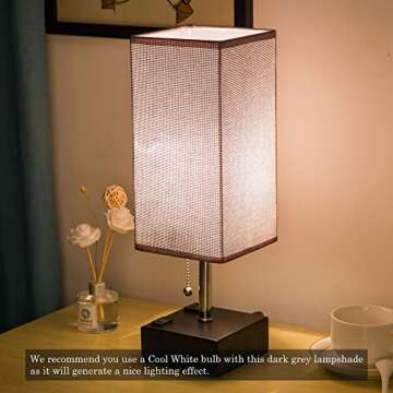 ZEEFO USB Table Lamp, Gray Square Fabric Shade Bedside Table Lamp with Two AC Outlet & Dual USB Char...