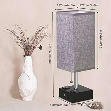 ZEEFO USB Table Lamp, Gray Square Fabric Shade Bedside Table Lamp with Two AC Outlet & Dual USB Charging Ports, Modern Design Desk Lamp Ideal for Bedroom,Office,Guest Room, Kids Room (Set of 2)