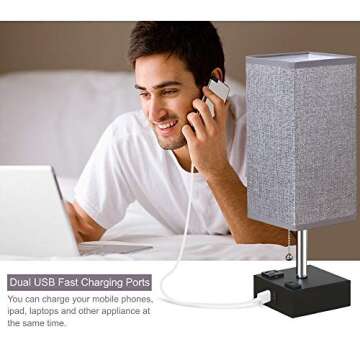 ZEEFO USB Table Lamp, Gray Square Fabric Shade Bedside Table Lamp with Two AC Outlet & Dual USB Charging Ports, Modern Design Desk Lamp Ideal for Bedroom,Office,Guest Room, Kids Room (Set of 2)