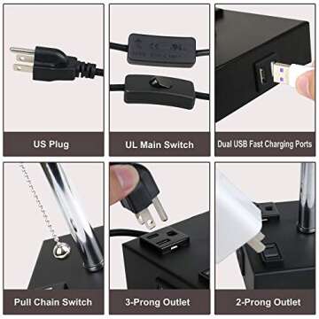 ZEEFO USB Table Lamp, Gray Square Fabric Shade Bedside Table Lamp with Two AC Outlet & Dual USB Charging Ports, Modern Design Desk Lamp Ideal for Bedroom,Office,Guest Room, Kids Room (Set of 2)