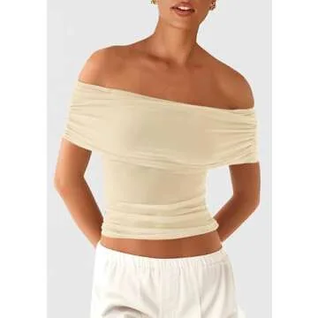 PRETTYGARDEN Off The Shoulder Tops for Women 2025 Summer Short Sleeve Ruched Slim Fit Shirts Blouses Y2K Going Out Top (Light Apricot,Small)