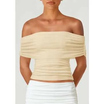 PRETTYGARDEN Off The Shoulder Tops for Women 2025 Summer Short Sleeve Ruched Slim Fit Shirts Blouses Y2K Going Out Top (Light Apricot,Small)