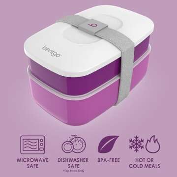 Bentgo Classic - Adult Bento Box, Stackable 3-Compartment Lunch Box with Removable Utensil Set and Sealing Strap, BPA-Free, Food Container Ideal for Meal Prep, Work, and On the Go (Purple)