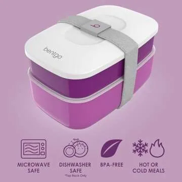 Bentgo Classic - Adult Bento Box, Stackable 3-Compartment Lunch Box with Removable Utensil Set and Sealing Strap, BPA-Free, Food Container Ideal for Meal Prep, Work, and On the Go (Purple)