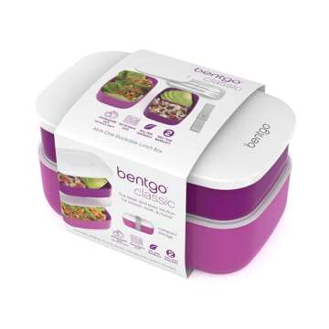 Bentgo Classic - Adult Bento Box, Stackable 3-Compartment Lunch Box with Removable Utensil Set and Sealing Strap, BPA-Free, Food Container Ideal for Meal Prep, Work, and On the Go (Purple)