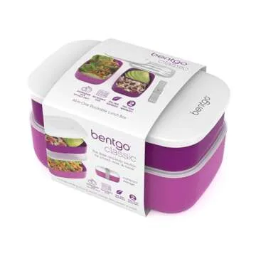 Bentgo Classic - Adult Bento Box, Stackable 3-Compartment Lunch Box with Removable Utensil Set and Sealing Strap, BPA-Free, Food Container Ideal for Meal Prep, Work, and On the Go (Purple)