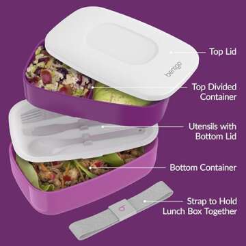 Bentgo Classic - Adult Bento Box, Stackable 3-Compartment Lunch Box with Removable Utensil Set and Sealing Strap, BPA-Free, Food Container Ideal for Meal Prep, Work, and On the Go (Purple)