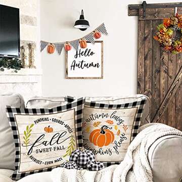 Kithomer Set of 4 Fall Buffalo Plaids Pumpkin Harvest Throw Pillow Cases Autumn Farmhouse Decorative...
