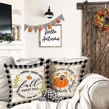 Kithomer Set of 4 Fall Buffalo Plaids Pumpkin Harvest Throw Pillow Cases Autumn Farmhouse Decorative...