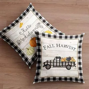 Kithomer Set of 4 Fall Buffalo Plaids Pumpkin Harvest Throw Pillow Cases Autumn Farmhouse Decorative Thanksgiving Throw Pillow Covers Cushion Cover 18x18 inch