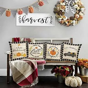 Kithomer Set of 4 Fall Buffalo Plaids Pumpkin Harvest Throw Pillow Cases Autumn Farmhouse Decorative Thanksgiving Throw Pillow Covers Cushion Cover 18x18 inch