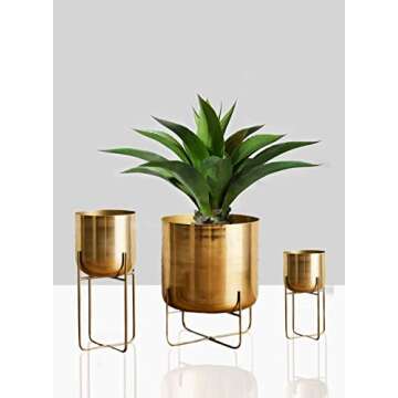 Serene Spaces Living Tall Gold Planter with Detachable Metal Stand - Modern Mid Century Decorative Indoor Plant Pot - Large Floor Planter for Living Room, Kitchen, Office - 24" H x 9.25" Diameter