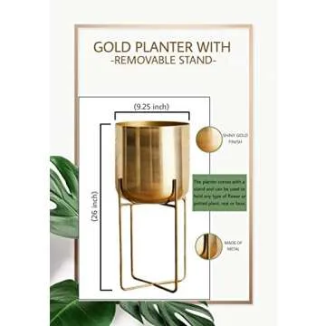 Serene Spaces Living Tall Gold Planter with Detachable Metal Stand - Modern Mid Century Decorative Indoor Plant Pot - Large Floor Planter for Living Room, Kitchen, Office - 24" H x 9.25" Diameter