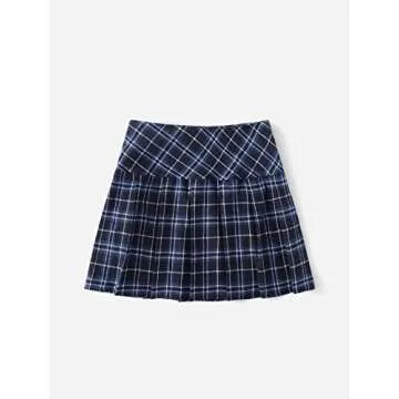 WDIRARA Women's Casual Plaid High Waist Pleated A-Line Mini Skirt in Navy Blue XS