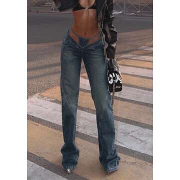 Vakkest Women's Straight Leg Jeans High Waisted V Strap Tie Side Baggy Casual Y2k Loose Fit Bootcut Stretchy Denim Pants