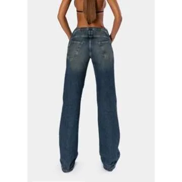 Vakkest Women's Straight Leg Jeans High Waisted V Strap Tie Side Baggy Casual Y2k Loose Fit Bootcut Stretchy Denim Pants