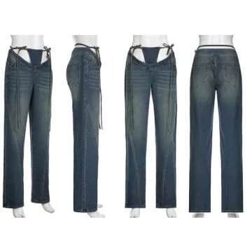 Vakkest Women's Straight Leg Jeans High Waisted V Strap Tie Side Baggy Casual Y2k Loose Fit Bootcut Stretchy Denim Pants