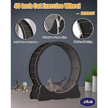 Large Cat Exercise Wheel 40 inch - Black Solid Wood Cat Wheel Exerciser for Indoor Cats, Safety Cat ...