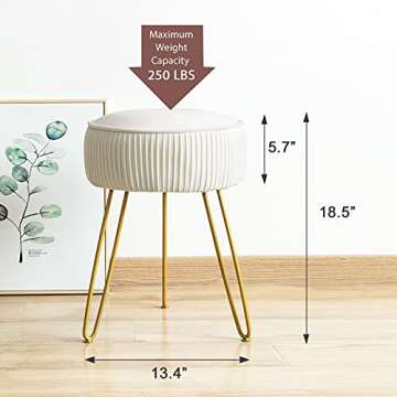 LUE BONA Pleated Vanity Stool, Velvet Upholstered Vanity Stool for Makeup Room, Round Mondern Stool ...