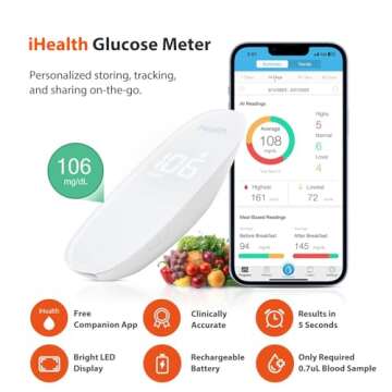 iHealth Gluco+ Wireless Smart Blood Glucose Monitor Kit with Free App, 100 Glucometer Strips, 100 La...