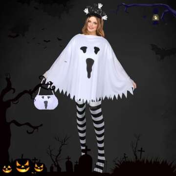 KUIRAN 4 PCS Halloween Costume Set for Women Adult Ghost Costume, Ghost Costume Poncho, Candy bag, Ghost Headband and Nylon Striped Tights for Halloween Cosplay Party