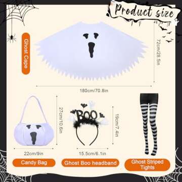 KUIRAN 4 PCS Halloween Costume Set for Women Adult Ghost Costume, Ghost Costume Poncho, Candy bag, Ghost Headband and Nylon Striped Tights for Halloween Cosplay Party
