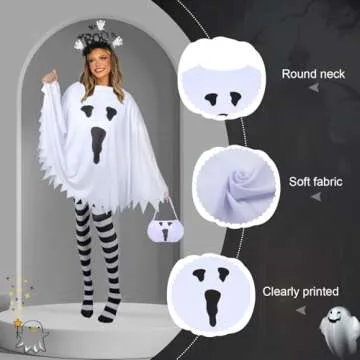 KUIRAN 4 PCS Halloween Costume Set for Women Adult Ghost Costume, Ghost Costume Poncho, Candy bag, Ghost Headband and Nylon Striped Tights for Halloween Cosplay Party