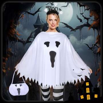 KUIRAN 4 PCS Halloween Costume Set for Women Adult Ghost Costume, Ghost Costume Poncho, Candy bag, Ghost Headband and Nylon Striped Tights for Halloween Cosplay Party
