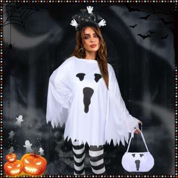 KUIRAN 4 PCS Halloween Costume Set for Women Adult Ghost Costume, Ghost Costume Poncho, Candy bag, Ghost Headband and Nylon Striped Tights for Halloween Cosplay Party