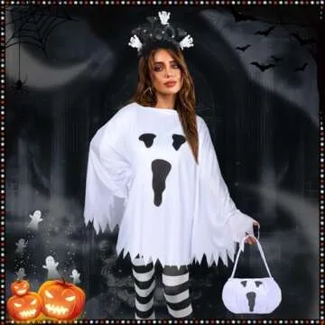 KUIRAN 4 PCS Halloween Costume Set for Women Adult Ghost Costume, Ghost Costume Poncho, Candy bag, Ghost Headband and Nylon Striped Tights for Halloween Cosplay Party