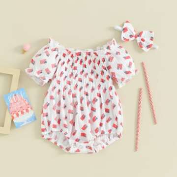 FYBITBO 4th of July Baby Girl Outfits American Flag Romper Dress Short Sleeve Ruched Bodysuit Jumpsu...