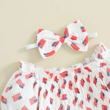FYBITBO 4th of July Baby Girl Outfits American Flag Romper Dress Short Sleeve Ruched Bodysuit Jumpsuit with Headband Set (American Flag, 6-12 Months)