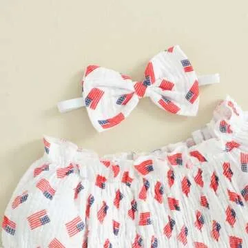 FYBITBO 4th of July Baby Girl Outfits American Flag Romper Dress Short Sleeve Ruched Bodysuit Jumpsuit with Headband Set (American Flag, 6-12 Months)