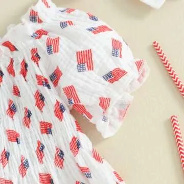 FYBITBO 4th of July Baby Girl Outfits American Flag Romper Dress Short Sleeve Ruched Bodysuit Jumpsuit with Headband Set (American Flag, 6-12 Months)