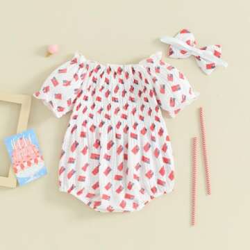 FYBITBO 4th of July Baby Girl Outfits American Flag Romper Dress Short Sleeve Ruched Bodysuit Jumpsuit with Headband Set (American Flag, 6-12 Months)