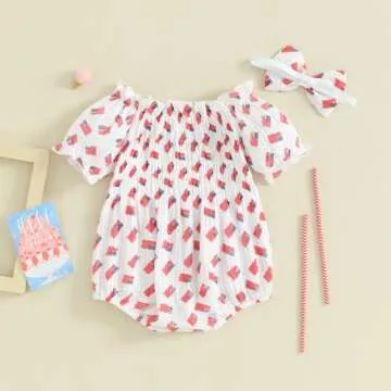 FYBITBO 4th of July Baby Girl Outfits American Flag Romper Dress Short Sleeve Ruched Bodysuit Jumpsuit with Headband Set (American Flag, 6-12 Months)