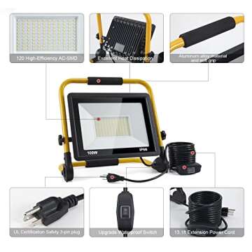 ORHOMELIFE 100W 10000LM LED Work Light, 800W Equivalent 6000K IP66 Waterproof Flood, 13.1ft 4m Cord ...