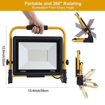ORHOMELIFE 100W 10000LM LED Work Light, 800W Equivalent 6000K IP66 Waterproof Flood, 13.1ft 4m Cord with Plug, Portable Led Lights for Job Site Car Inspection Workshop Garage, Construction Site