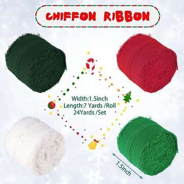 4 Rolls Christmas Ribbons, 1.5" x 32Yds Chiffon Ribbons Handmade Fringe Christmas Chiffon Ribbons fo...