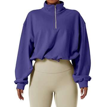QINSEN Women's Half Zip Crop Sweatshirt Soft Athletic Top
