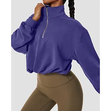 QINSEN Women's Half Zip Crop Sweatshirt Soft Athletic Top
