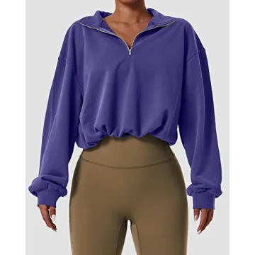 QINSEN Women's Half Zip Crop Sweatshirt Soft Athletic Top