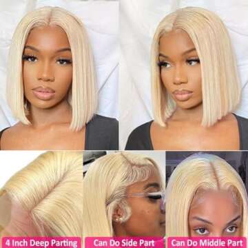 Hoscod Blonde Bob Wig Human Hair Straight 613 Bob Wig Human Hair 12 Inch 180 Density 613 Blonde Suitable for All Hair Types 13x4 HD Transparent Lace Wigs for Women Glueless Bob Wigs with Baby Hair