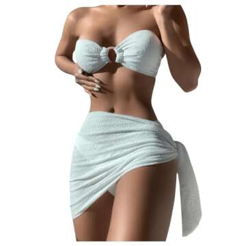 GORGLITTER Women's 3 Piece Swimsuit Strapless Ring Bandeau High Waisted Thong Bikini Set with Cover Up Skirt White Medium