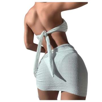 GORGLITTER Women's 3 Piece Swimsuit Strapless Ring Bandeau High Waisted Thong Bikini Set with Cover Up Skirt White Medium