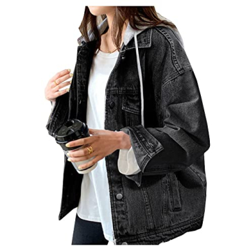 LifeShe Women's denim jacket with hood oversized distressed jean jackets hoodie
