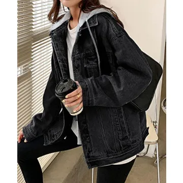 LifeShe Women's denim jacket with hood oversized distressed jean jackets hoodie